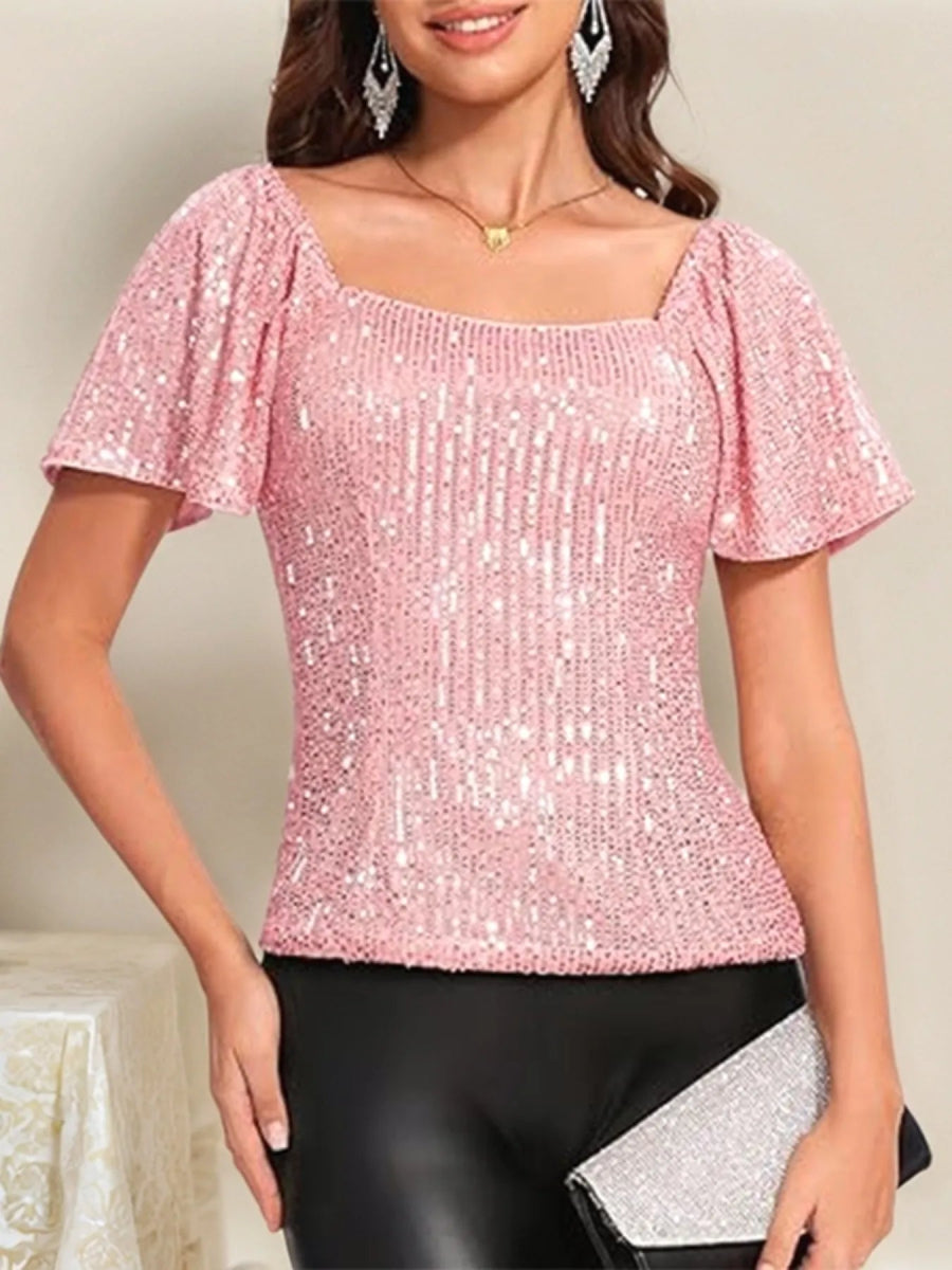 Sequin Square Neck Short Sleeve Blouse - Bazaare Mart