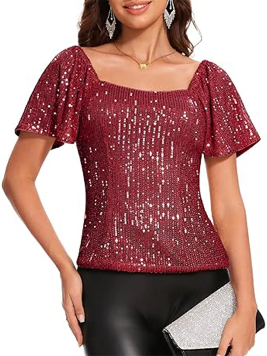 Sequin Square Neck Short Sleeve Blouse - Bazaare Mart