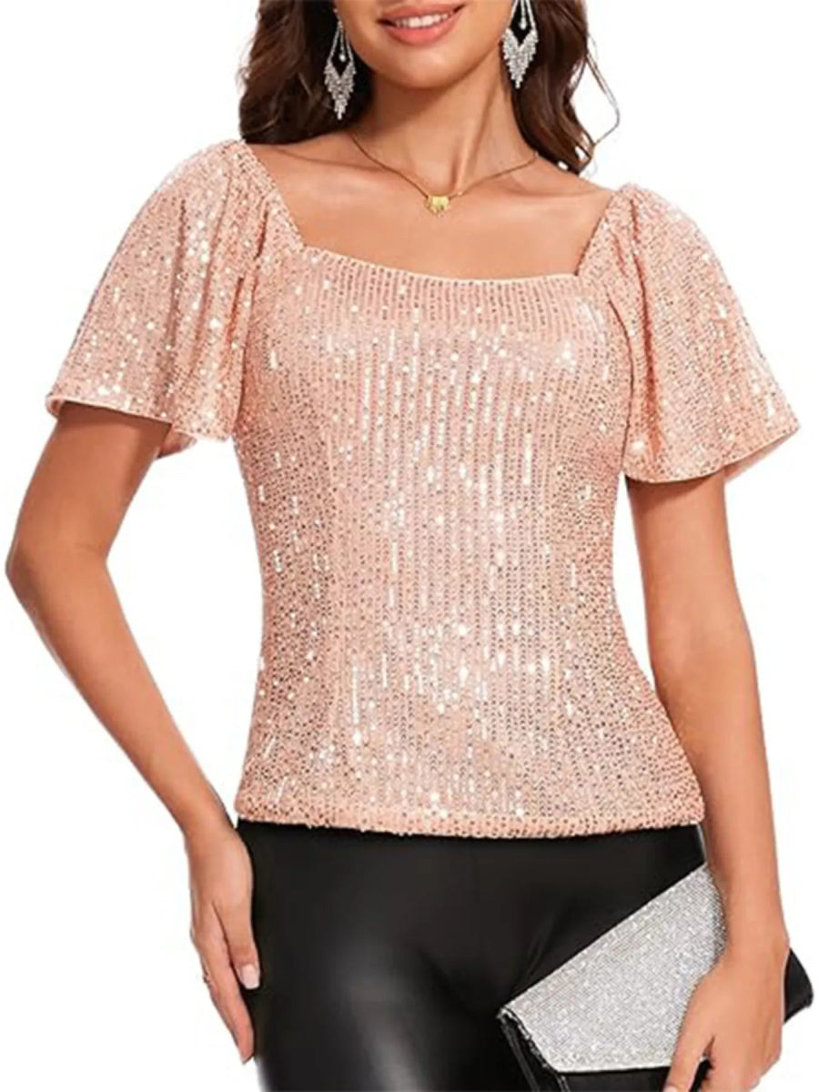 Sequin Square Neck Short Sleeve Blouse - Bazaare Mart