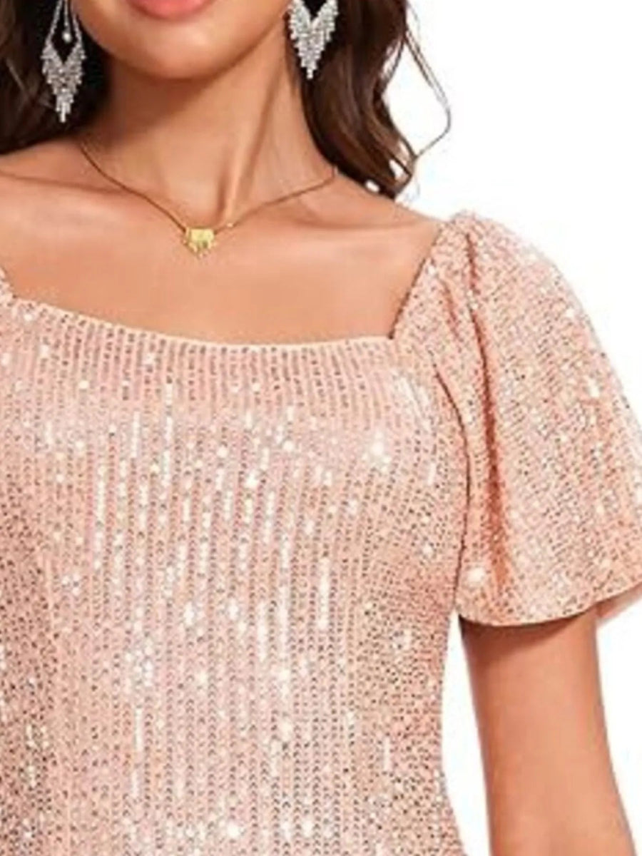 Sequin Square Neck Short Sleeve Blouse - Bazaare Mart