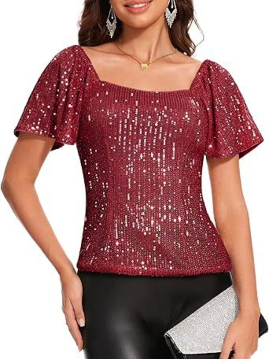 Sequin Square Neck Short Sleeve Blouse - Bazaare Mart