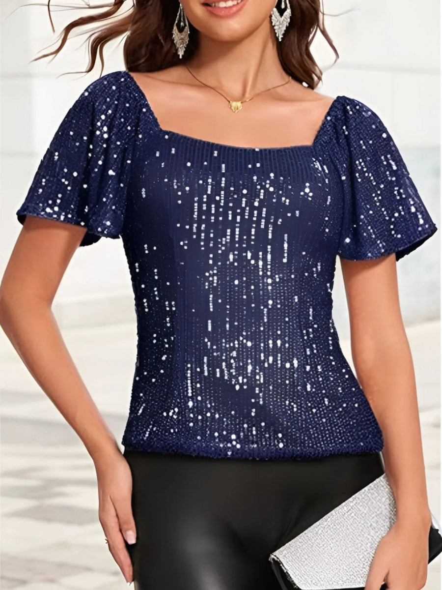 Sequin Square Neck Short Sleeve Blouse - Bazaare Mart