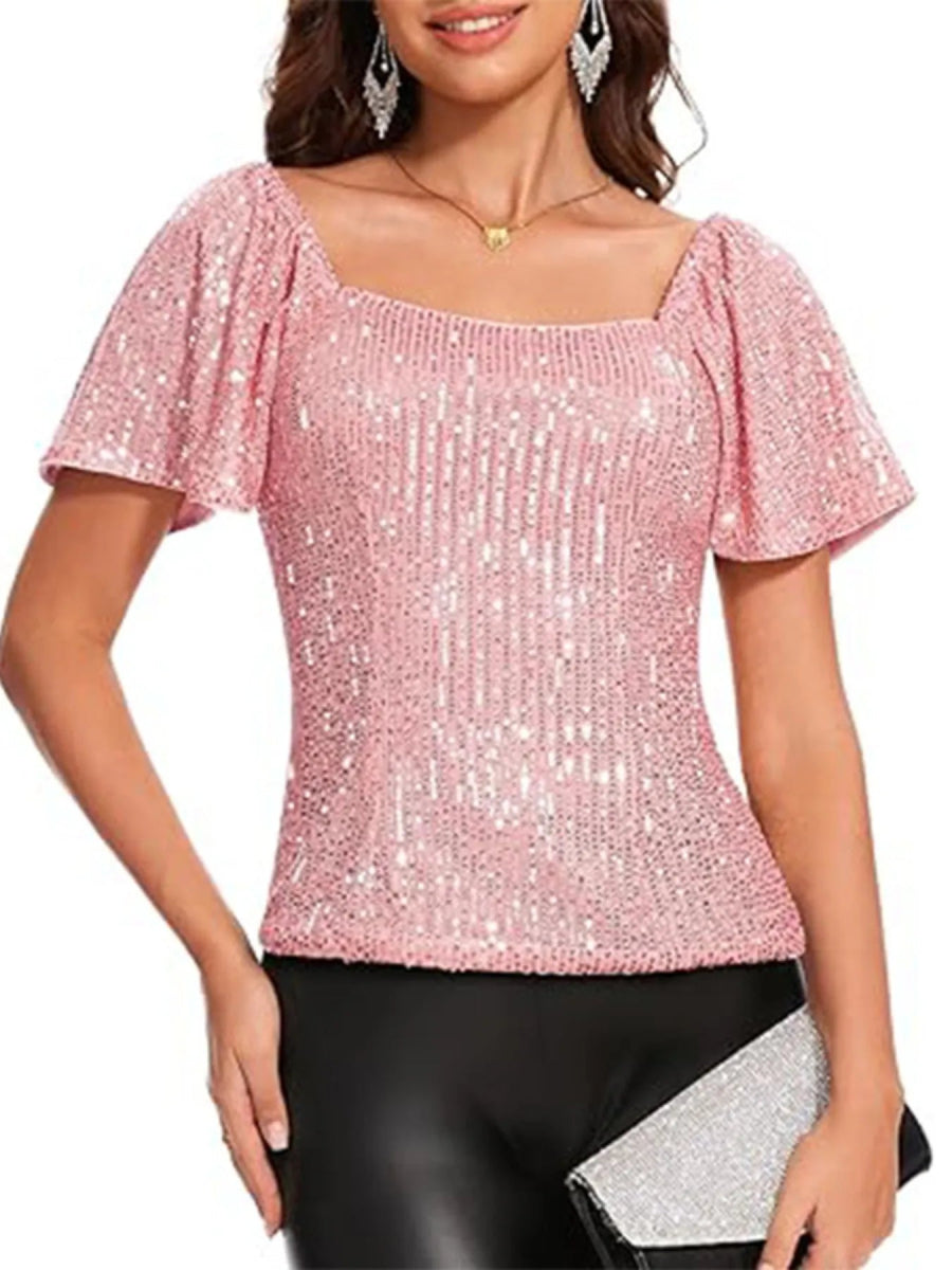 Sequin Square Neck Short Sleeve Blouse - Bazaare Mart