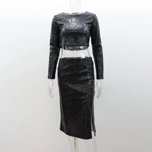 Sequin Two-piece Skirt Set Black Bazaare Mart Sequin Skirt Outfit