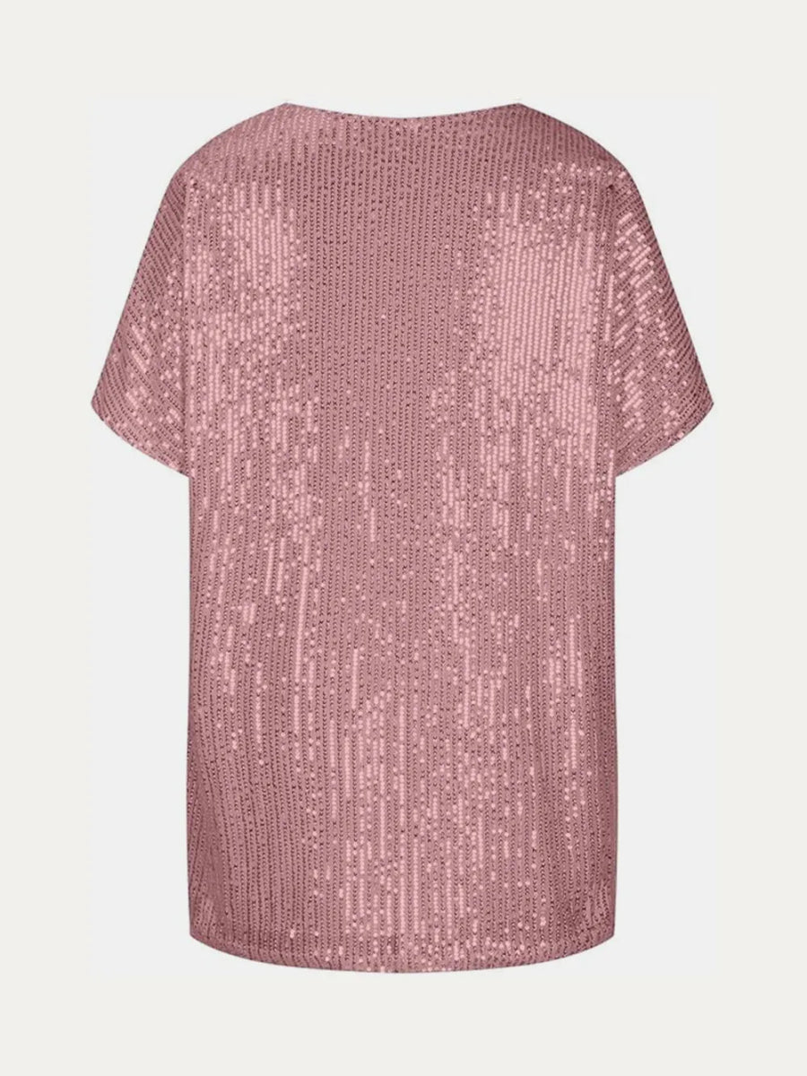 Sequin V - Neck Short Sleeve Top - Bazaare Mart