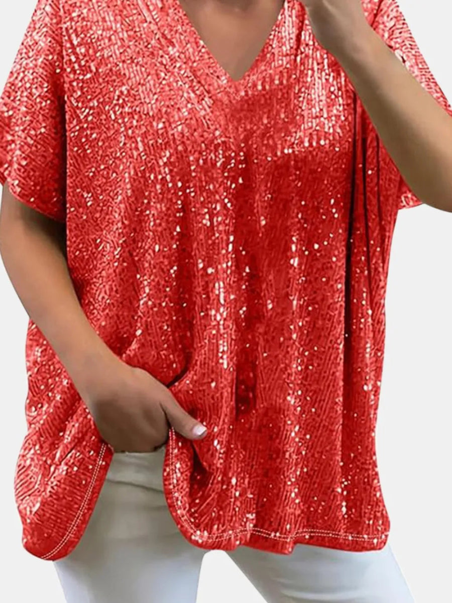 Sequin V - Neck Short Sleeve Top - Bazaare Mart