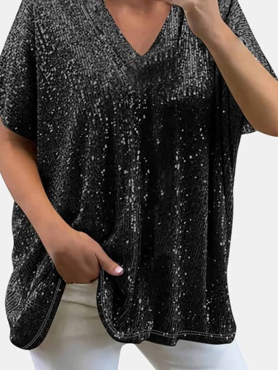 Sequin V - Neck Short Sleeve Top - Bazaare Mart