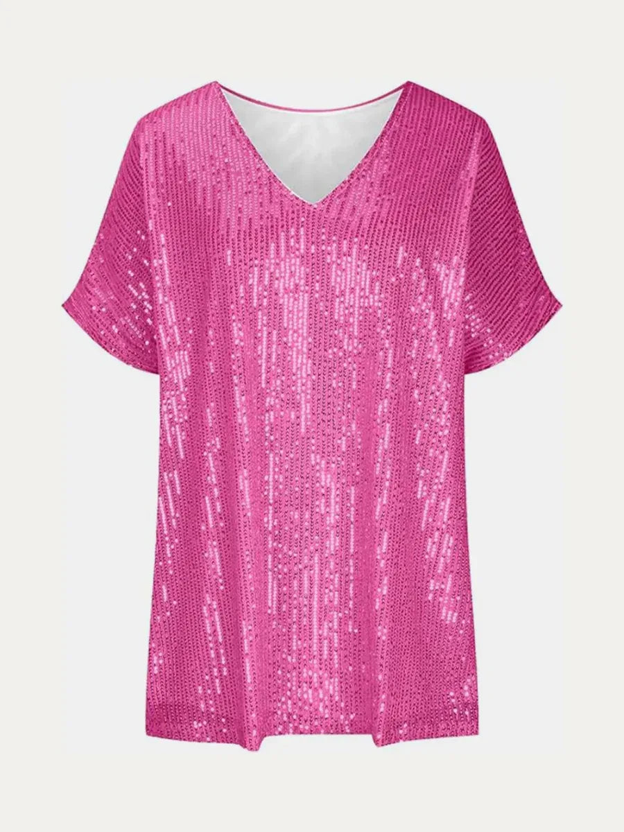 Sequin V-Neck Short Sleeve Top Bazaare Mart Full Size Sequin V-Neck Short Sleeve Top