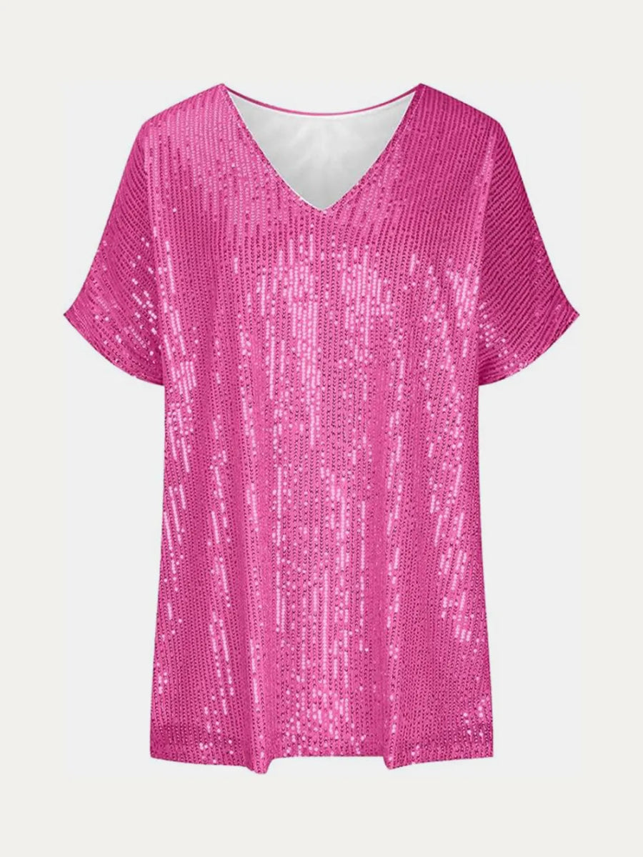 Sequin V - Neck Short Sleeve Top - Bazaare Mart