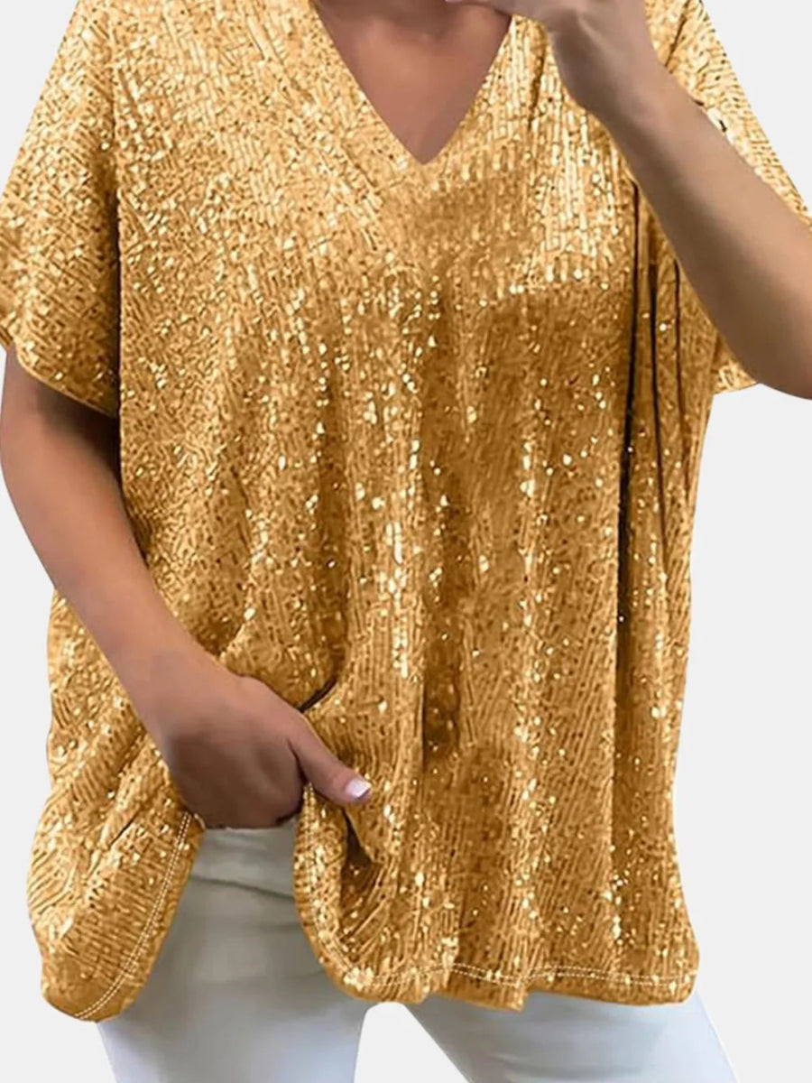 Sequin V - Neck Short Sleeve Top - Bazaare Mart