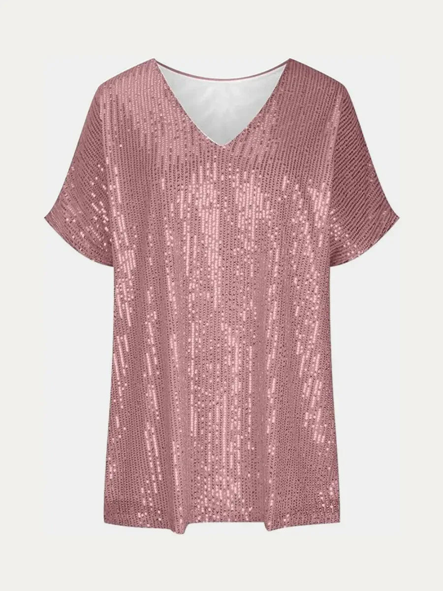 Sequin V-Neck Short Sleeve Top Bazaare Mart Full Size Sequin V-Neck Short Sleeve Top