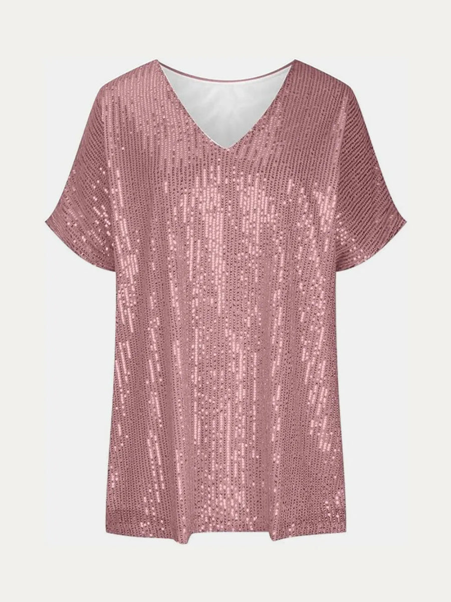 Sequin V - Neck Short Sleeve Top - Bazaare Mart