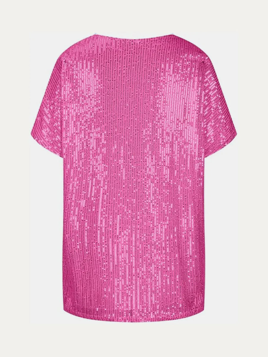Sequin V - Neck Short Sleeve Top - Bazaare Mart