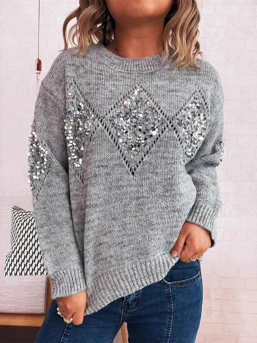Sequined Diamond Pattern Oversized Sweater Gray One Size Bazaare Mart Sequined Diamond Pattern Oversized Sweater
