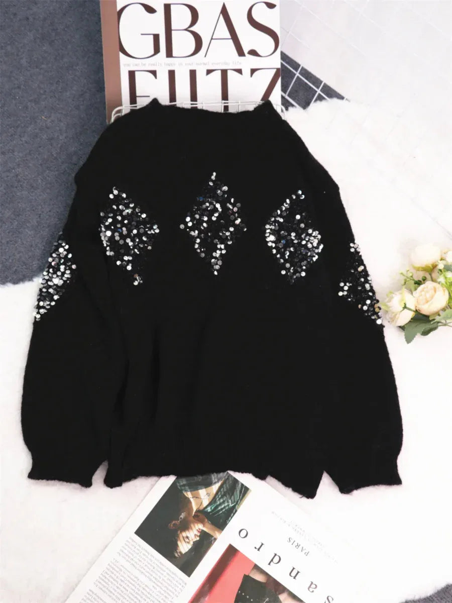 Sequined Diamond Pattern Oversized Sweater Bazaare Mart Sequined Diamond Pattern Oversized Sweater