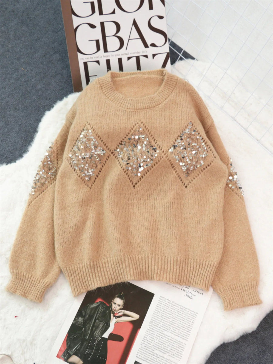 Sequined Diamond Pattern Oversized Sweater - Bazaare Mart