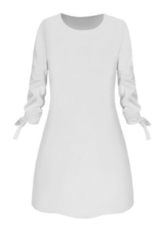 Solid Color Round Neck 3/4 Tied Sleeve Dress - Bazaare Mart