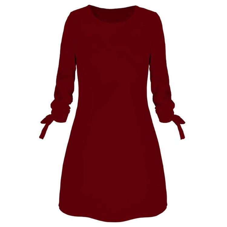 Solid Color Round Neck 3/4 Tied Sleeve Dress - Bazaare Mart