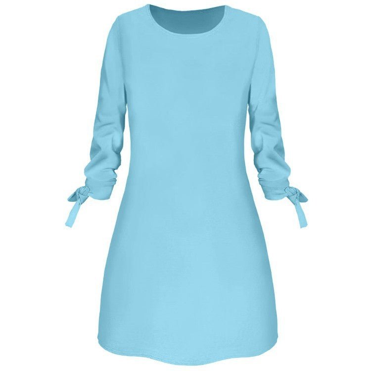 Solid Color Round Neck 3/4 Tied Sleeve Dress - Bazaare Mart