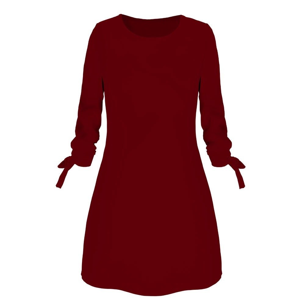 Solid Color Round Neck 3/4 Tied Sleeve Dress - Bazaare Mart