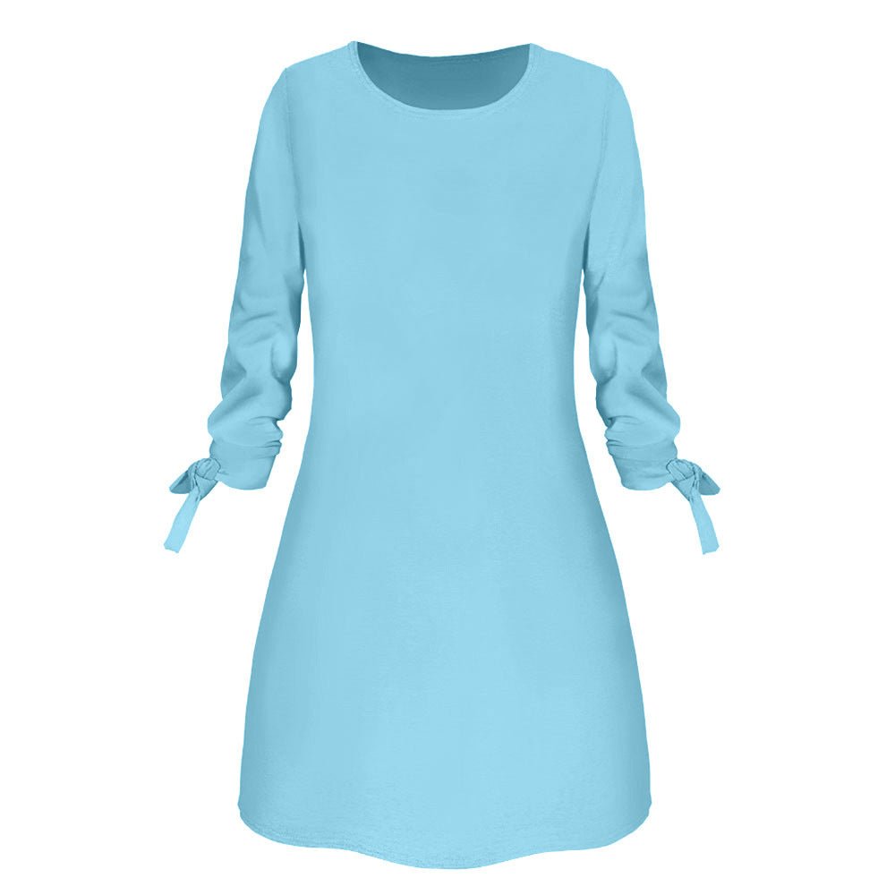 Solid Color Round Neck 3/4 Tied Sleeve Dress - Bazaare Mart