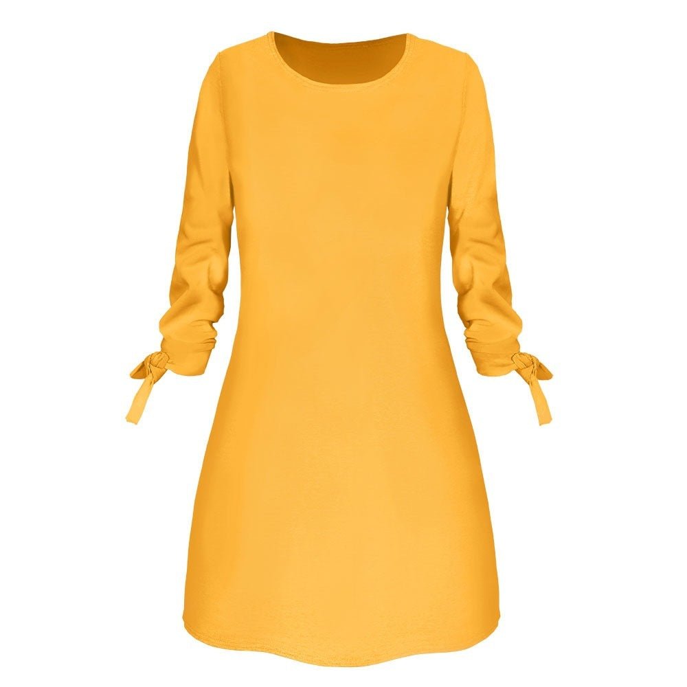Solid Color Round Neck 3/4 Tied Sleeve Dress - Bazaare Mart