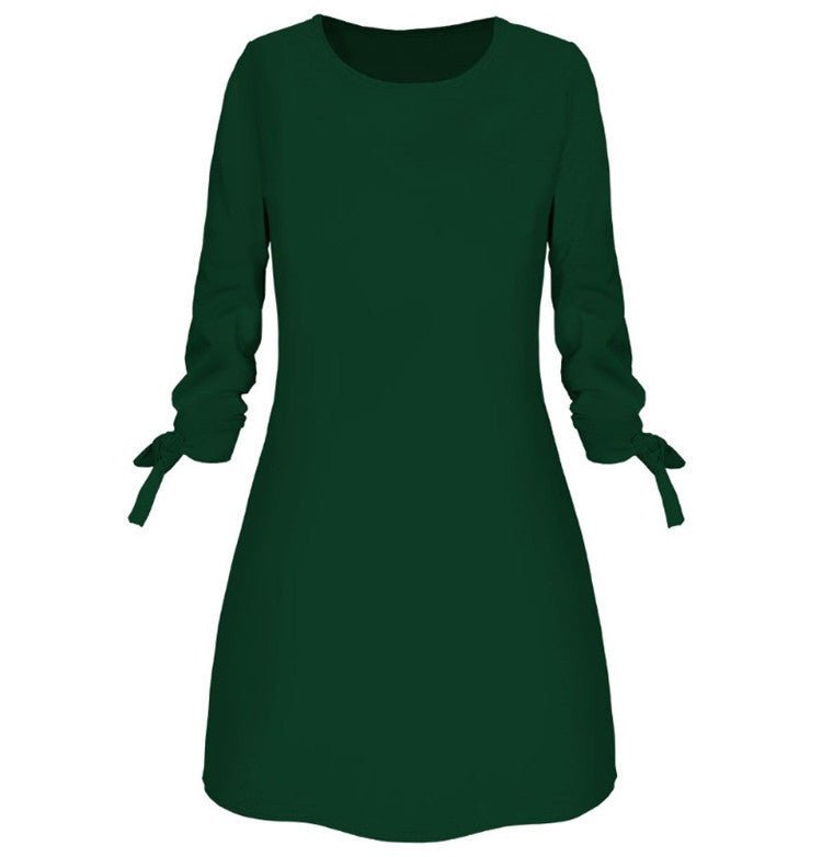 Solid Color Round Neck 3/4 Tied Sleeve Dress - Bazaare Mart