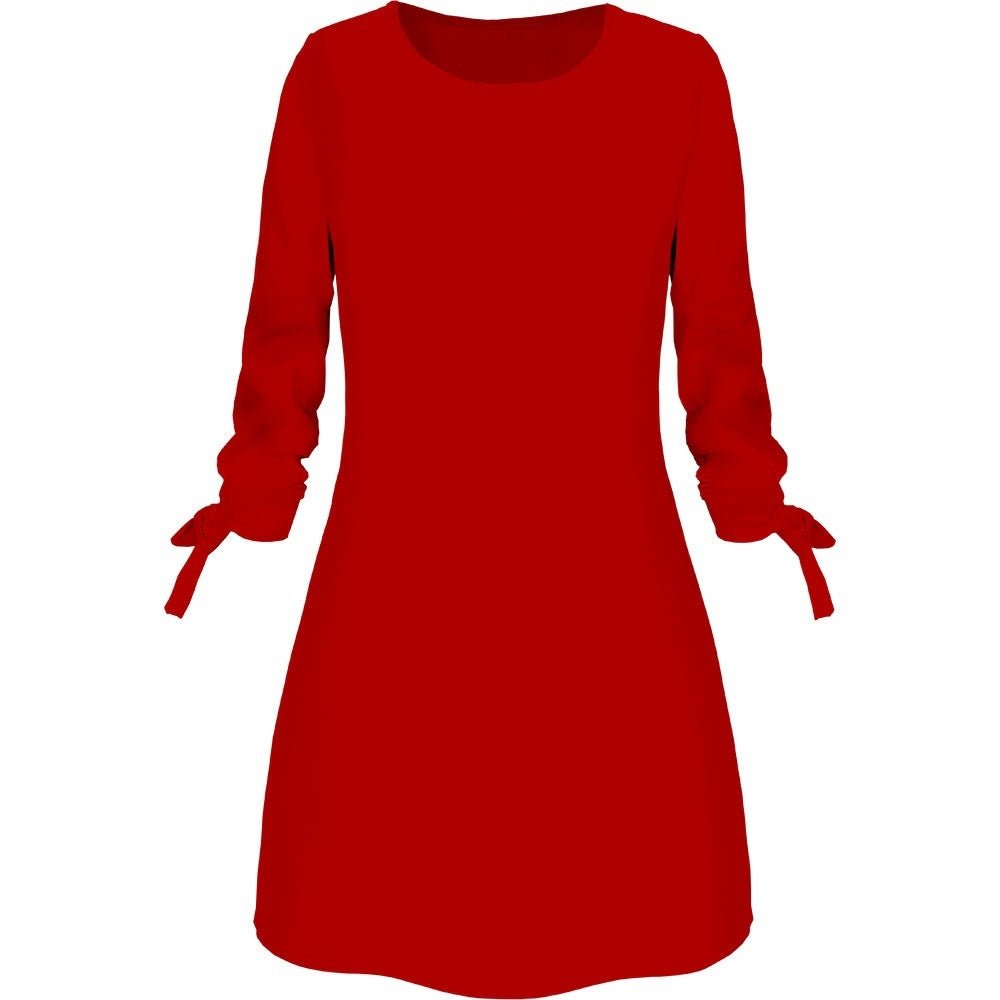 Solid Color Round Neck 3/4 Tied Sleeve Dress - Bazaare Mart