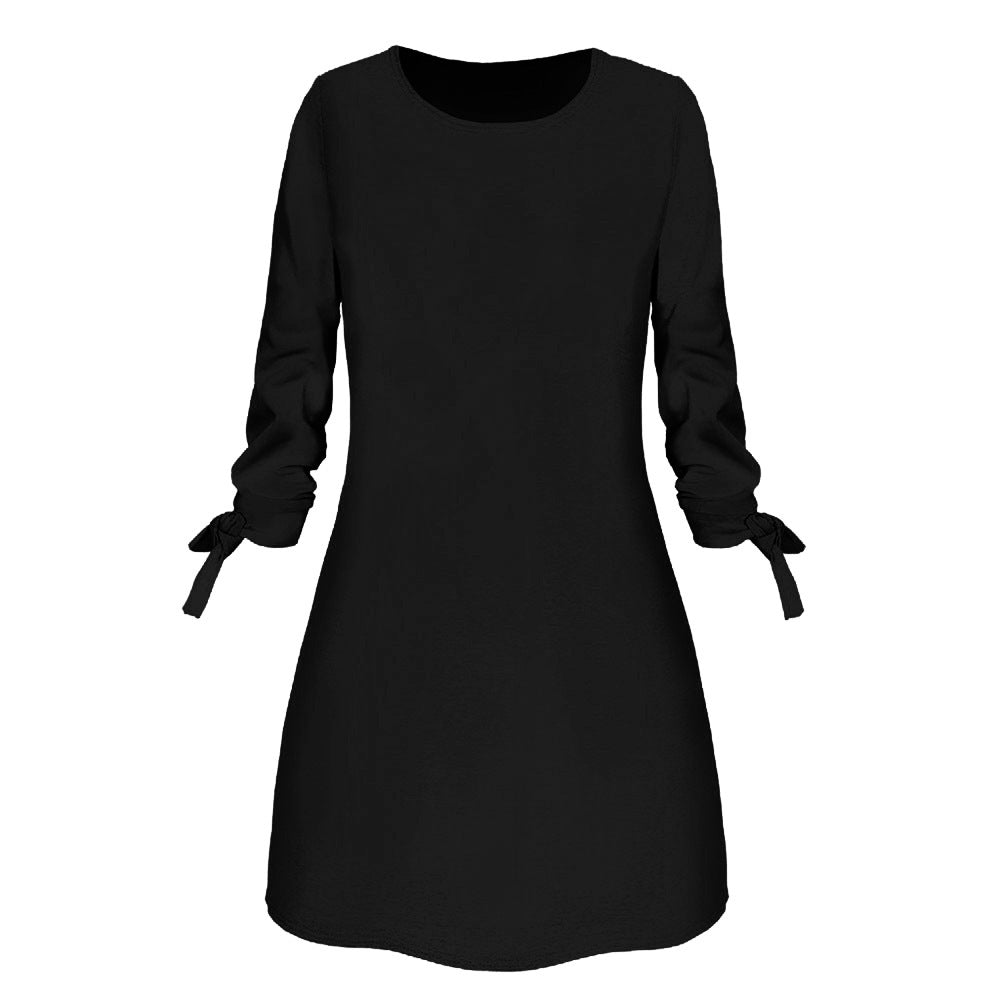 Solid Color Round Neck 3/4 Tied Sleeve Dress - Bazaare Mart