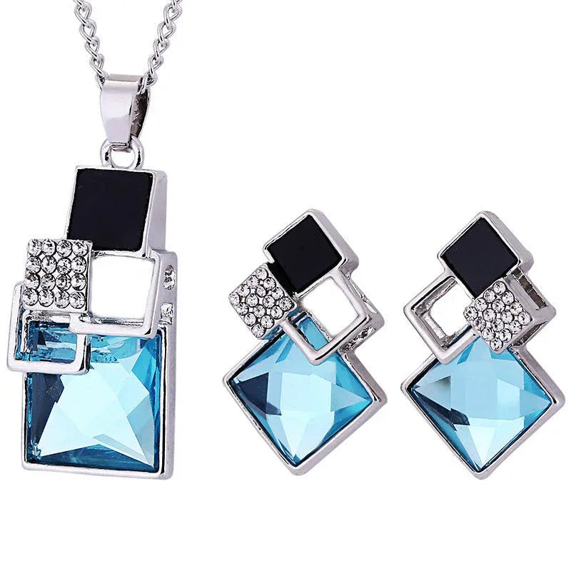 Square Crystal Anti-allergy Earrings Necklace 2pc Set - Bazaare Mart