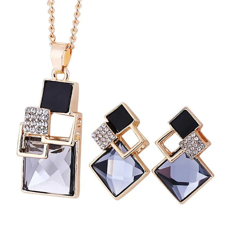 Square Crystal Anti-allergy Earrings Necklace 2pc Set - Bazaare Mart