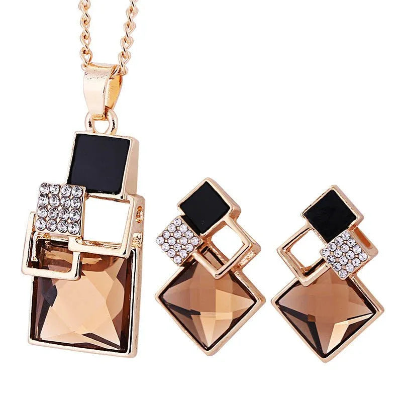 Square Crystal Anti-allergy Earrings Necklace 2pc Set - Bazaare Mart