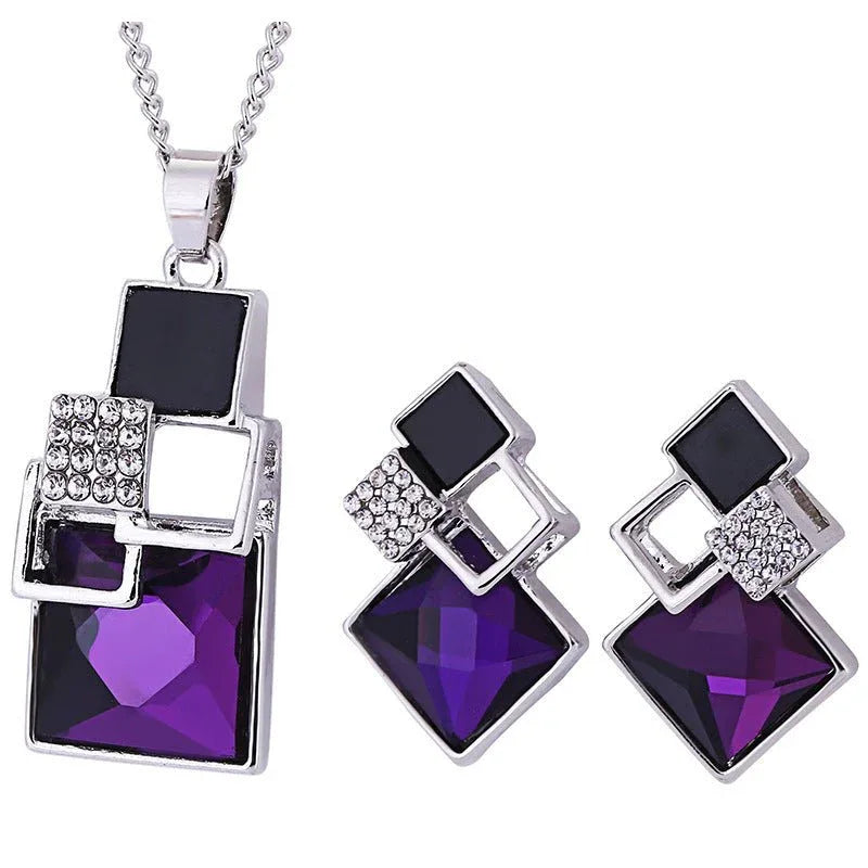 Square Crystal Anti-allergy Earrings Necklace 2pc Set - Bazaare Mart