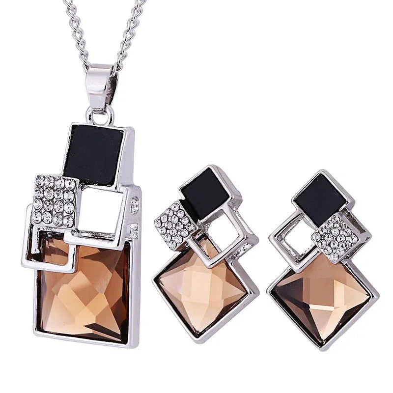 Square Crystal Anti-allergy Earrings Necklace 2pc Set - Bazaare Mart