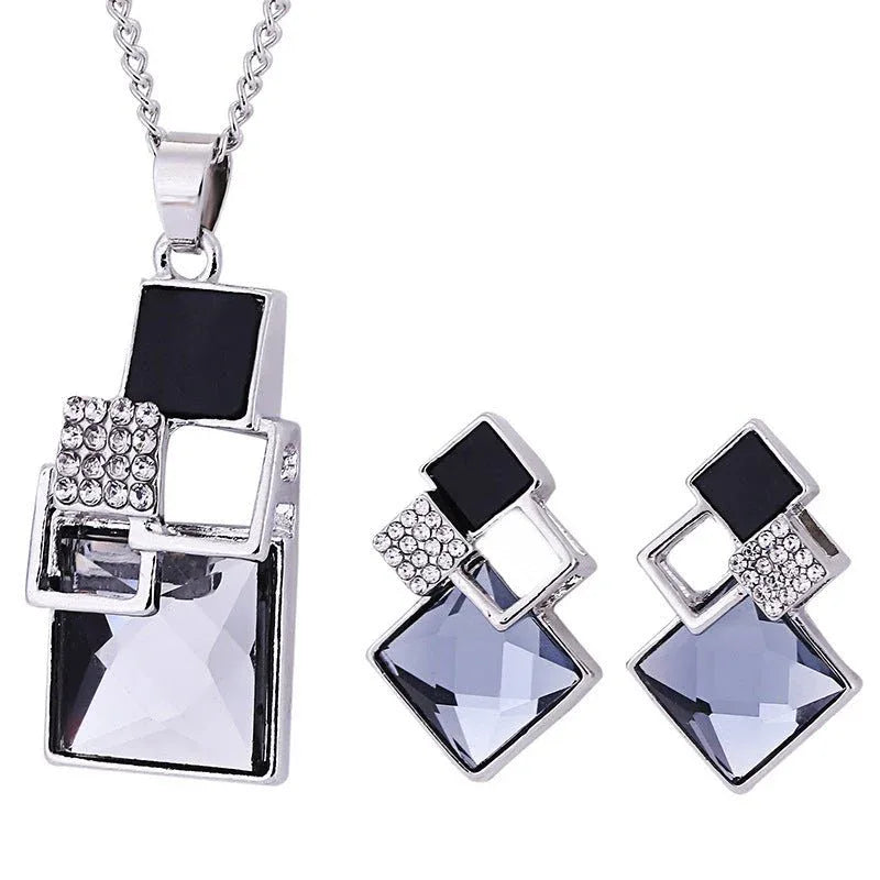 Square Crystal Anti-allergy Earrings Necklace 2pc Set - Bazaare Mart