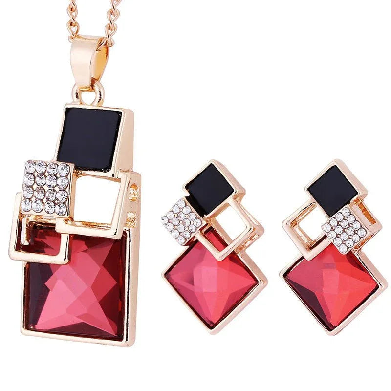 Square Crystal Anti-allergy Earrings Necklace 2pc Set - Bazaare Mart