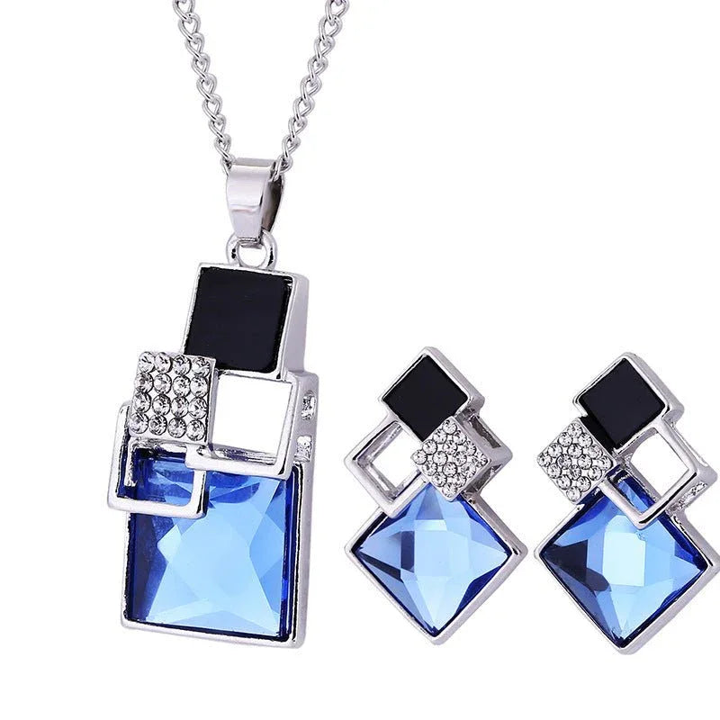 Square Crystal Anti-allergy Earrings Necklace 2pc Set - Bazaare Mart