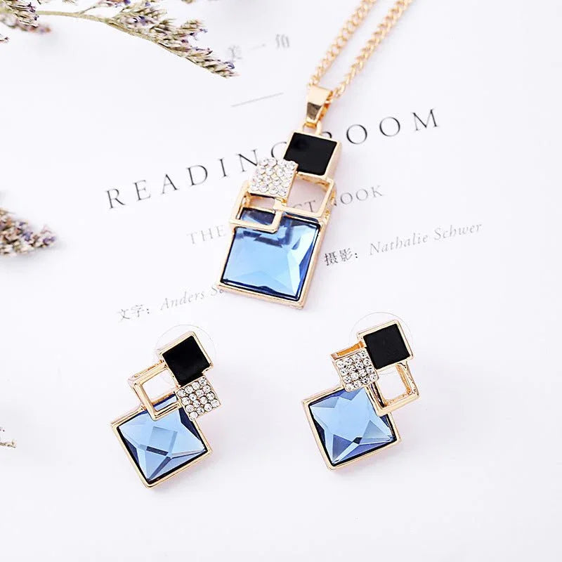 Square Crystal Anti-allergy Earrings Necklace 2pc Set - Bazaare Mart