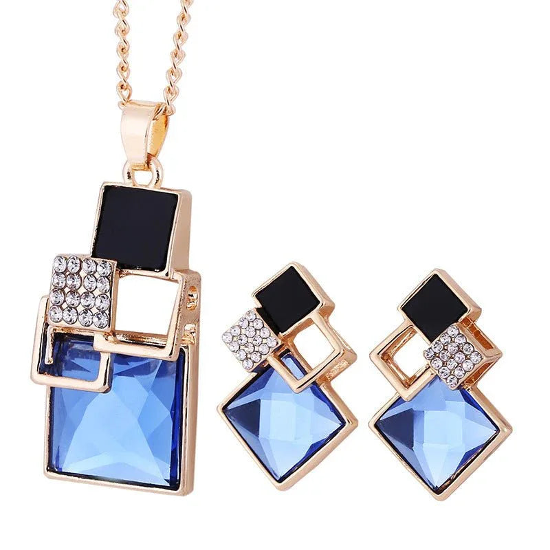 Square Crystal Anti-allergy Earrings Necklace 2pc Set - Bazaare Mart