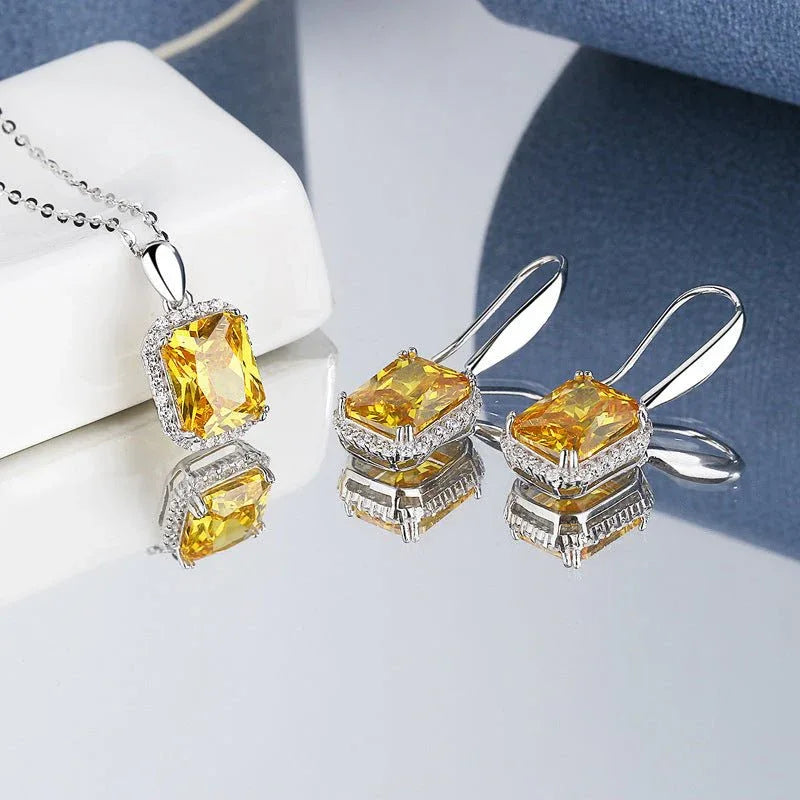 Square Halo Faux Citrine Necklace Earrings Set Bazaare Mart Faux Citrine Jewelry Set