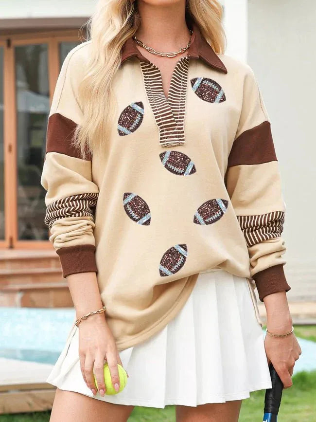 Striped Sequin Rugby Graphic Polo Sweatshirt Tan Bazarre Mart Color Block Striped Patchwork Sequin Rugby Graphic Shirt