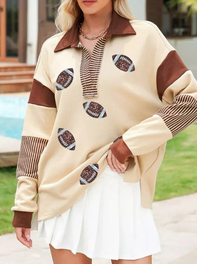 Striped Sequin Rugby Graphic Polo Sweatshirt Bazarre Mart Color Block Striped Patchwork Sequin Rugby Graphic Shirt