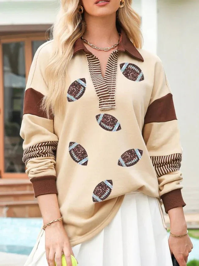 Striped Sequin Rugby Graphic Polo Sweatshirt Bazarre Mart Color Block Striped Patchwork Sequin Rugby Graphic Shirt