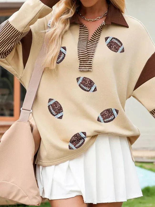 Striped Sequin Rugby Graphic Polo Sweatshirt Bazarre Mart Color Block Striped Patchwork Sequin Rugby Graphic Shirt