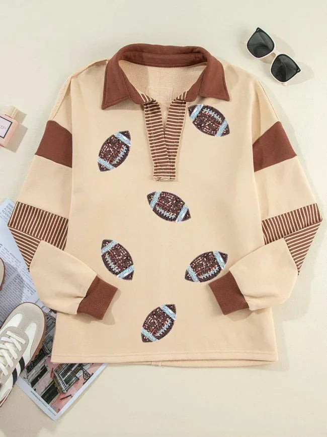 Striped Sequin Rugby Graphic Polo Sweatshirt Bazarre Mart Color Block Striped Patchwork Sequin Rugby Graphic Shirt