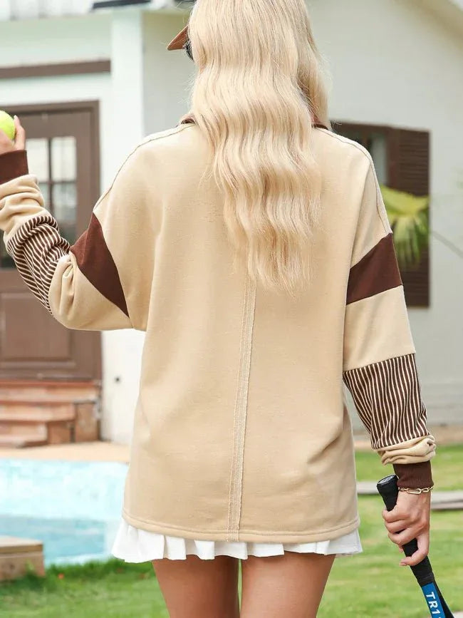 Striped Sequin Rugby Graphic Polo Sweatshirt Bazarre Mart Color Block Striped Patchwork Sequin Rugby Graphic Shirt