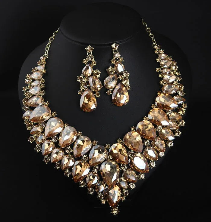 Thick Brown Crystal Collar Necklace Earring Set - Bazaare Mart