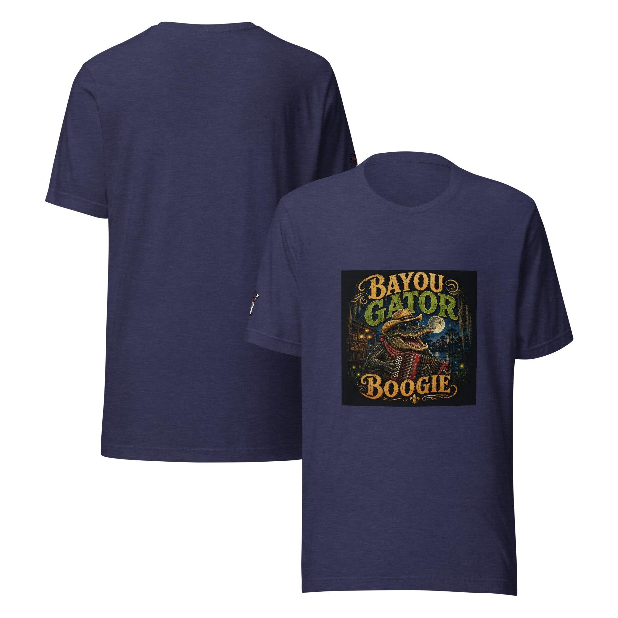 Bayou Gator Boogie Unisex Graphic T-Shirt | Louisiana Zydeco Music Tee Heather Midnight Navy Bazaare Mart Graphic Tees