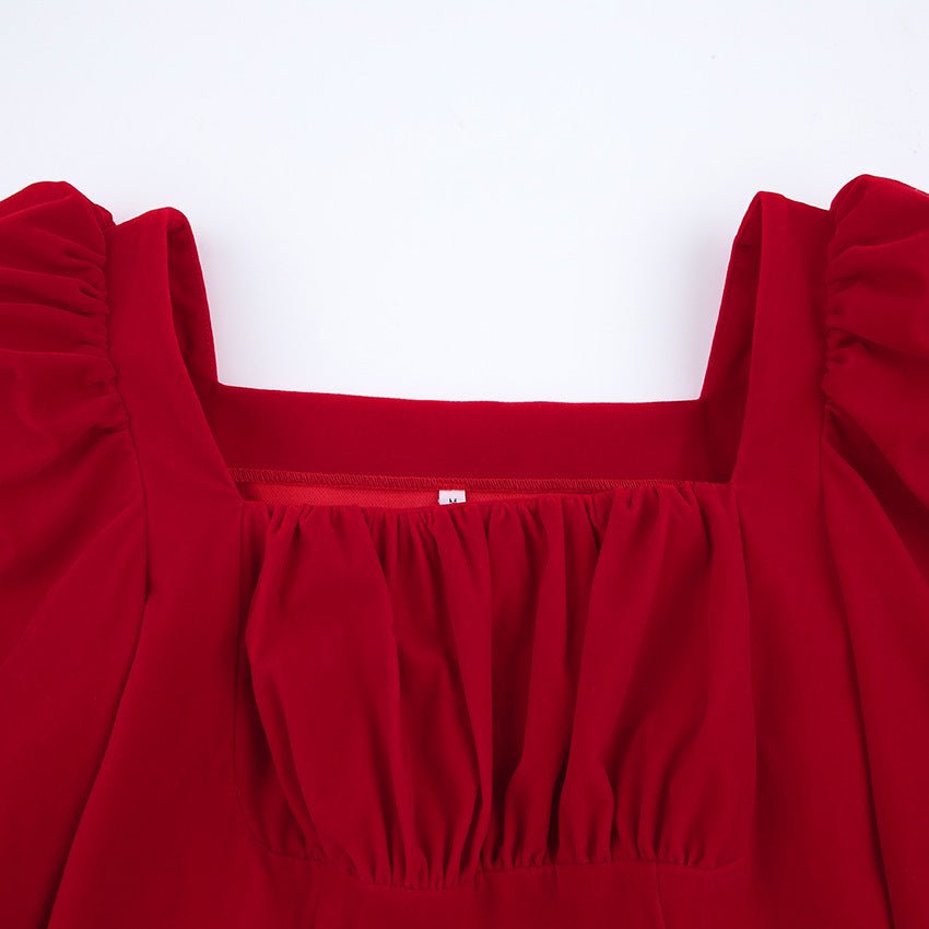 Velvet Square Neck Bishop Sleeve Dress - Bazaare Mart
