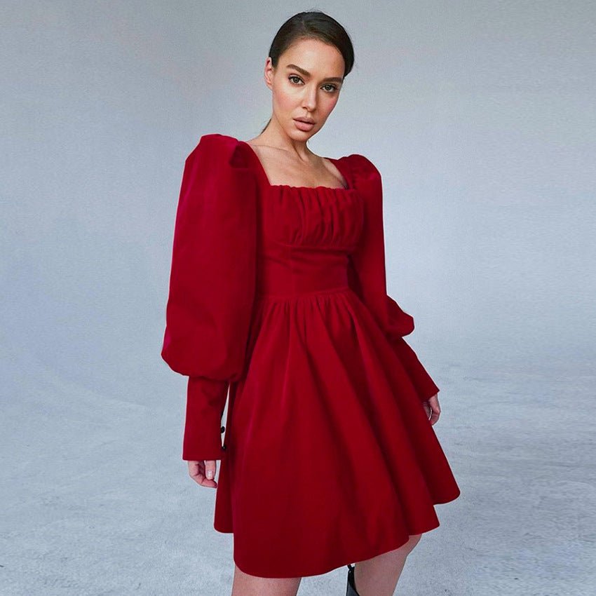 Velvet Square Neck Bishop Sleeve Dress - Bazaare Mart